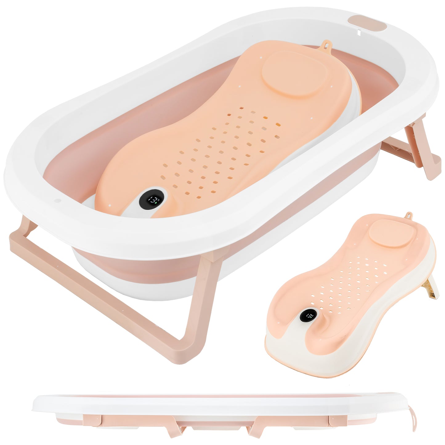 ALMAR Baby Bañera Plegable Bebé hasta 24 meses Azul con Termómetro en Asiento Reductor para Recien Nacido con Patas Antideslizante Indicador de Temperatura Compacta