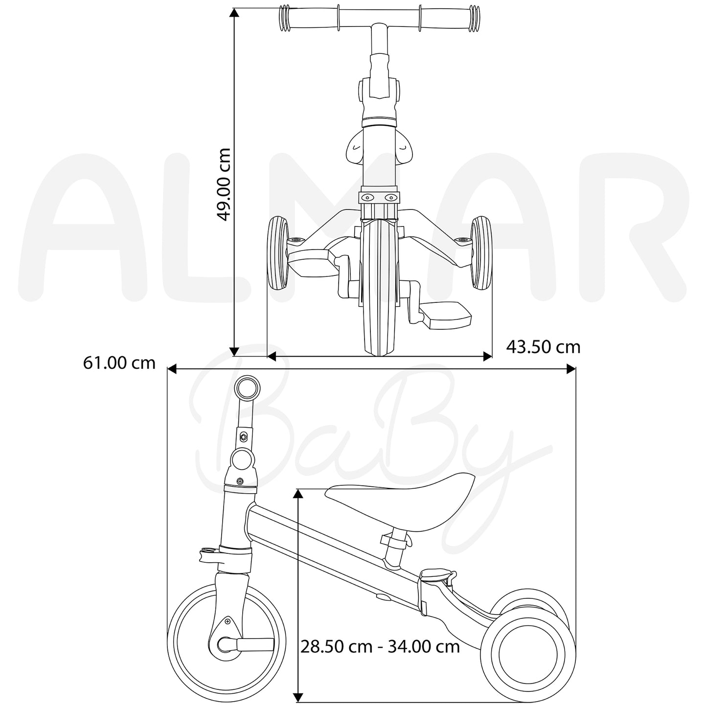ALMAR Baby Triciclo 3 en 1, bicicleta correpasillos, bicicleta con pedales, bici bebé de 18 meses a 5 años, 25kg, asiento ajustable