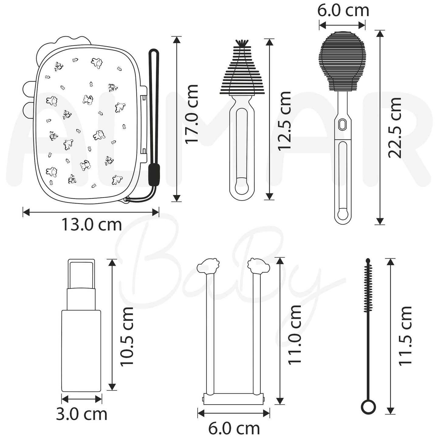 Almar Baby Set de Limpieza de Biberones Portátil para Bebés – Estuche Compacto con Cepillos, Limpiador de Tetinas y Spray – Ideal para Viajes, Paseos y Guardería
