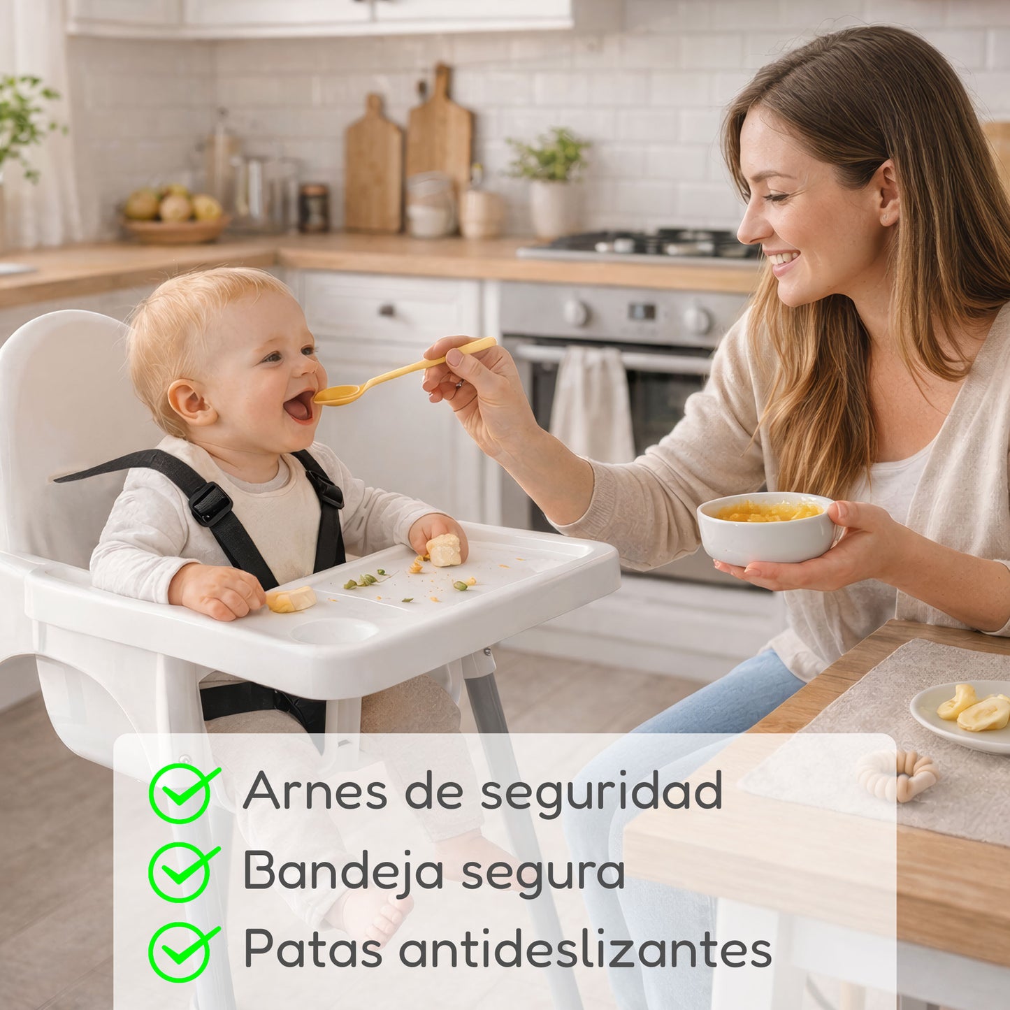 ALMAR Baby Trona para Bebé con Bandeja Extraíble y Arnés de Seguridad – Silla de Comer Infantil Estable, Fácil de Limpiar y Montaje Rápido – Color Blanco y Gris