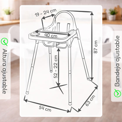 ALMAR Baby Trona para Bebé con Bandeja Extraíble y Arnés de Seguridad – Silla de Comer Infantil Estable, Fácil de Limpiar y Montaje Rápido – Color Blanco y Gris
