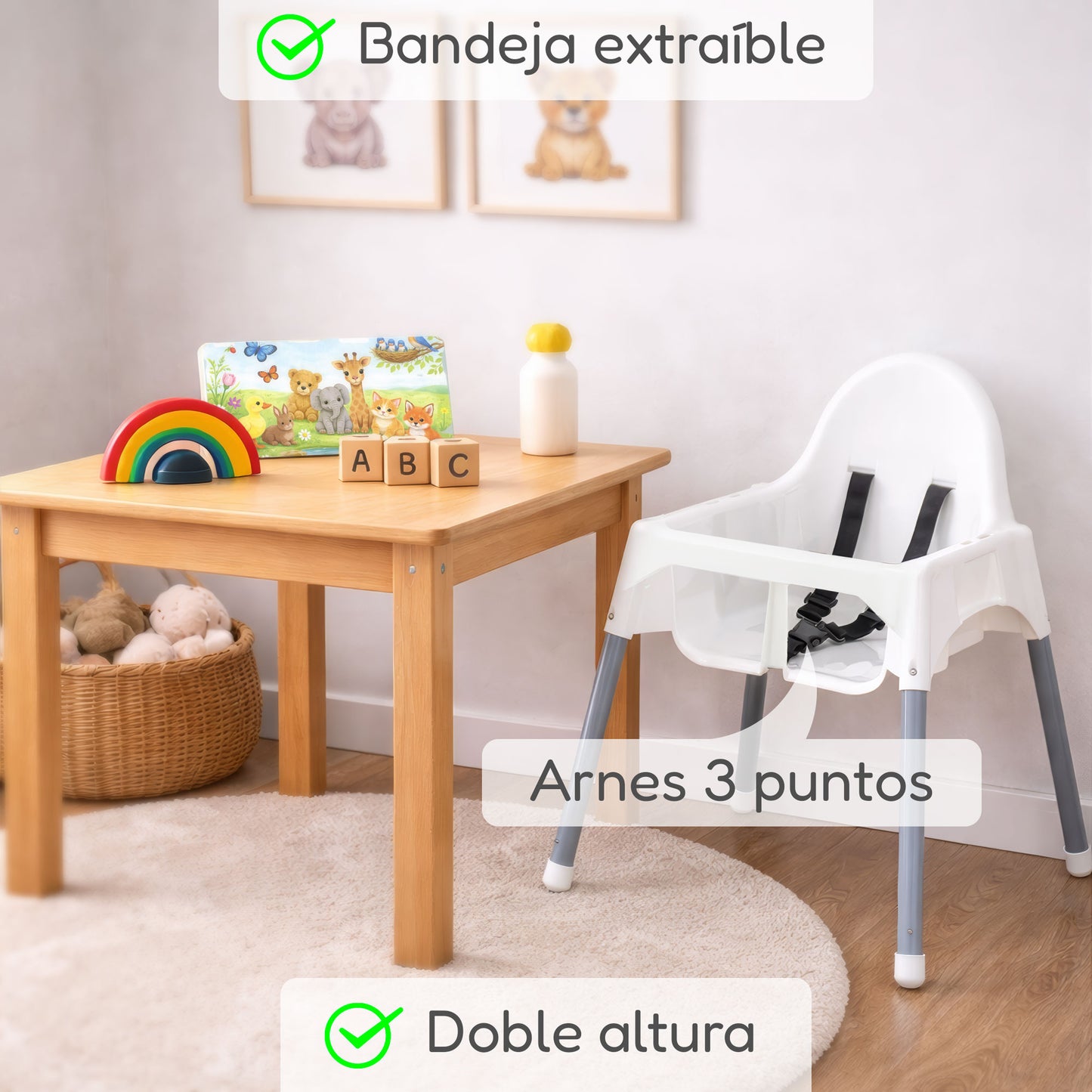 ALMAR Baby Trona para Bebé con Bandeja Extraíble y Arnés de Seguridad – Silla de Comer Infantil Estable, Fácil de Limpiar y Montaje Rápido – Color Blanco y Gris