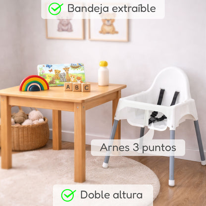 ALMAR Baby Trona para Bebé con Bandeja Extraíble y Arnés de Seguridad – Silla de Comer Infantil Estable, Fácil de Limpiar y Montaje Rápido – Color Blanco y Gris