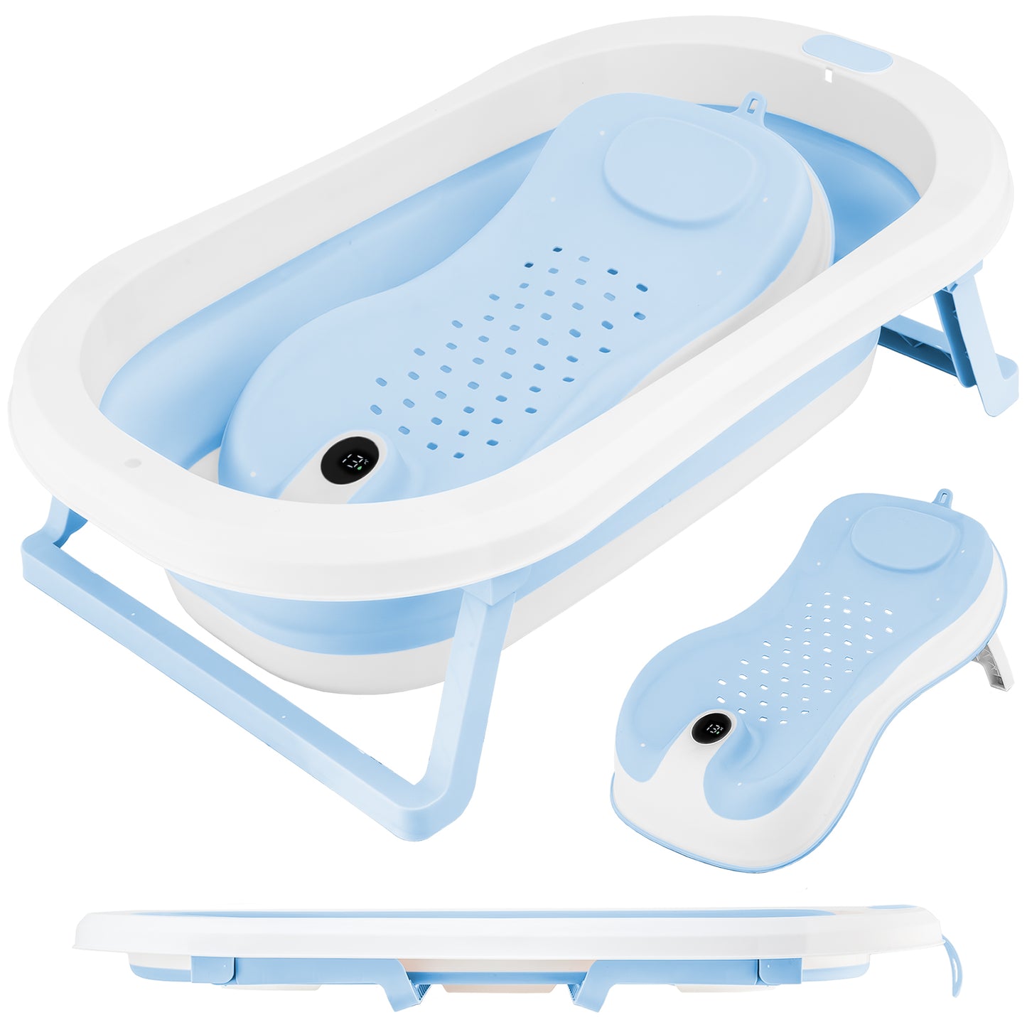 ALMAR Baby Bañera Plegable Bebé hasta 24 meses Azul con Termómetro en Asiento Reductor para Recien Nacido con Patas Antideslizante Indicador de Temperatura Compacta