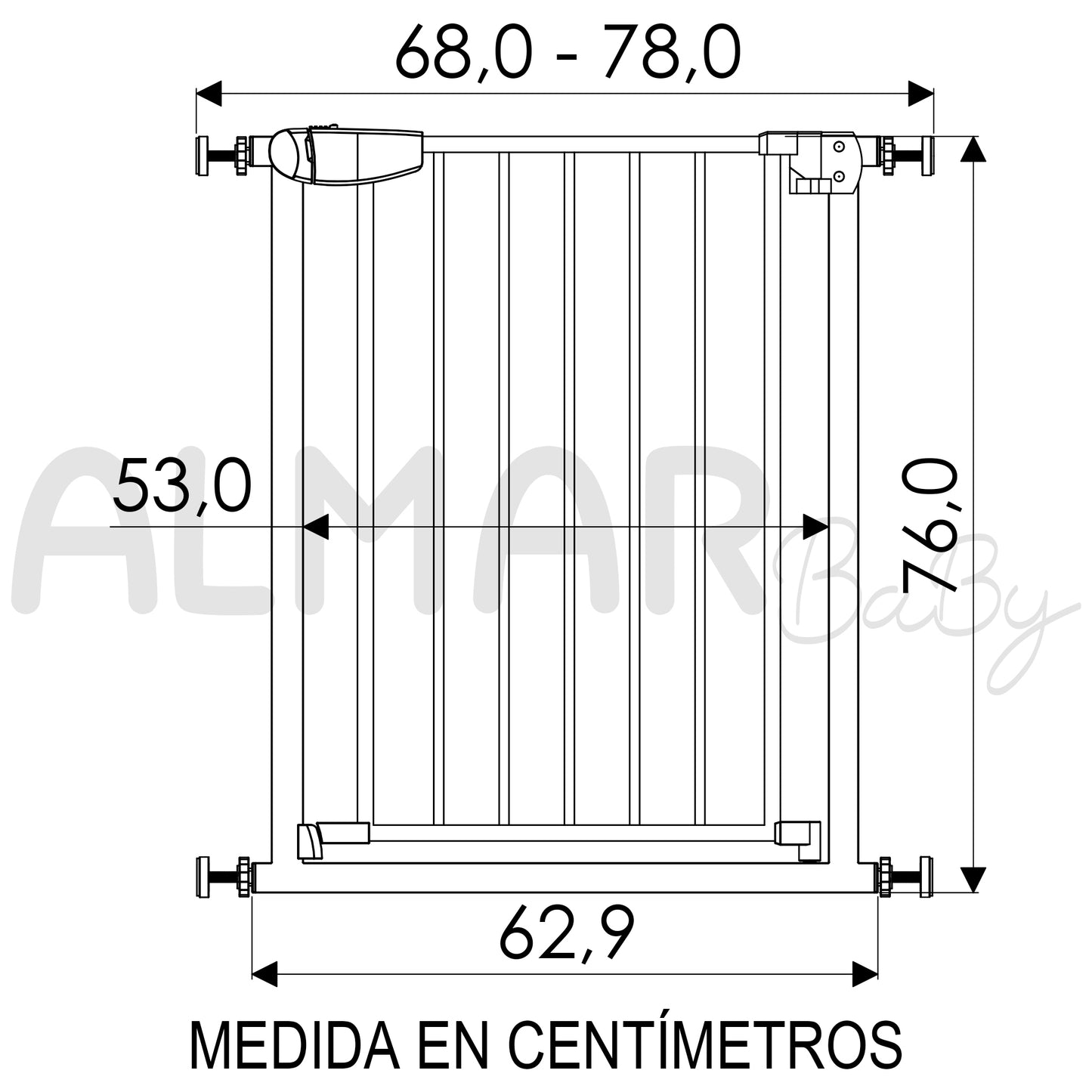 ALMAR Baby Barrera de seguridad 62 cm para puertas, pasillos o escaleras para niños o mascotas con cierre de seguridad