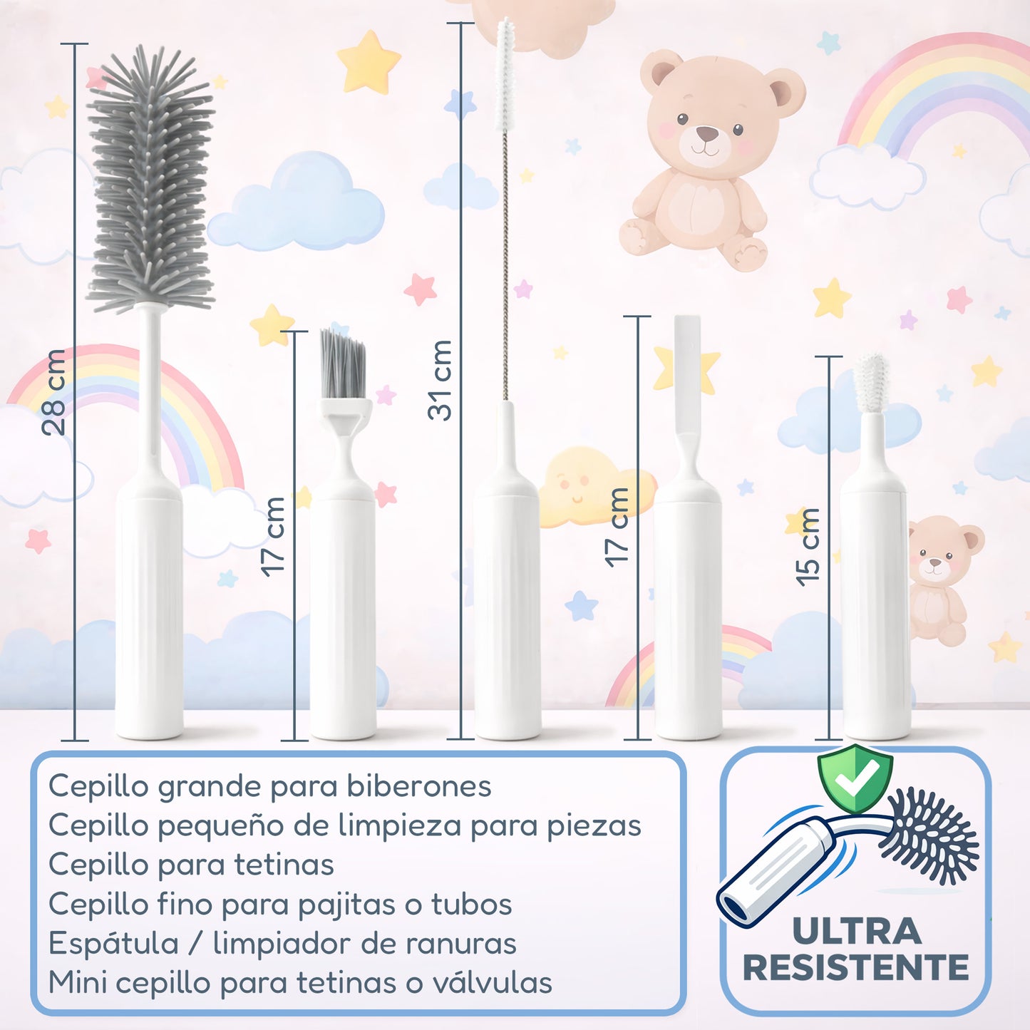 Almar Baby Set Limpia Biberones y Tetinas – Cepillo Biberón de Silicona con Soporte de Secado, Cepillo Tetina, Cepillo Pajitas y Cepillo Limpieza, Kit Limpieza Biberones Completo