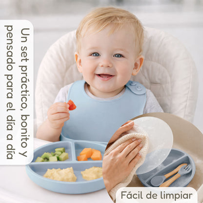 Almar Baby Set de Alimentación para Bebé de Silicona – Vajilla Infantil Antideslizante con Plato, Bol, Vaso, Babero y Cubiertos, Set BLW para Bebés, Libre de BPA