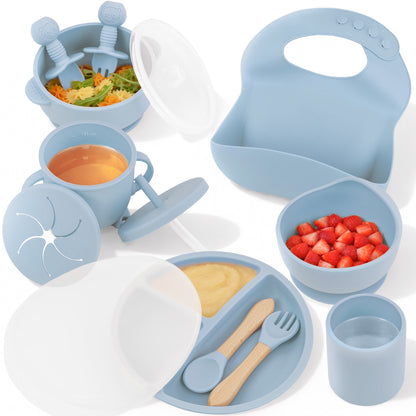 Almar Baby Set de Alimentación para Bebé de Silicona – Vajilla Infantil Antideslizante con Plato, Bol, Vaso, Babero y Cubiertos, Set BLW para Bebés, Libre de BPA