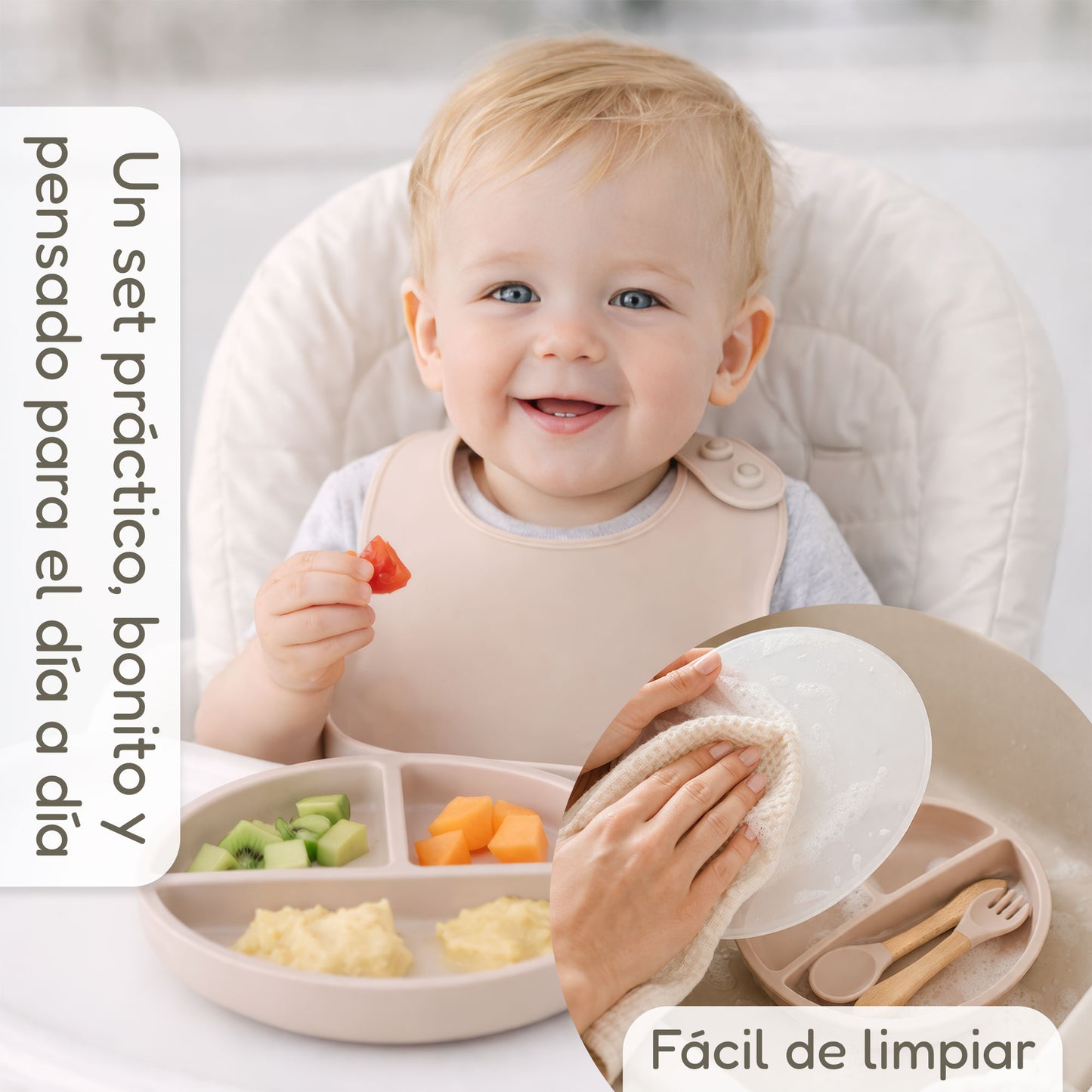 Almar Baby Set de Alimentación para Bebé de Silicona – Vajilla Infantil Antideslizante con Plato, Bol, Vaso, Babero y Cubiertos, Set BLW para Bebés, Libre de BPA