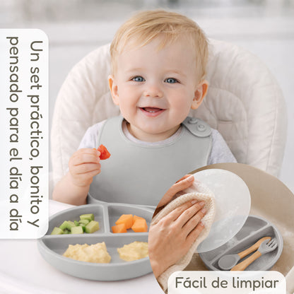 Almar Baby Set de Alimentación para Bebé de Silicona – Vajilla Infantil Antideslizante con Plato, Bol, Vaso, Babero y Cubiertos, Set BLW para Bebés, Libre de BPA