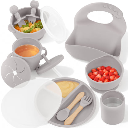 Almar Baby Set de Alimentación para Bebé de Silicona – Vajilla Infantil Antideslizante con Plato, Bol, Vaso, Babero y Cubiertos, Set BLW para Bebés, Libre de BPA