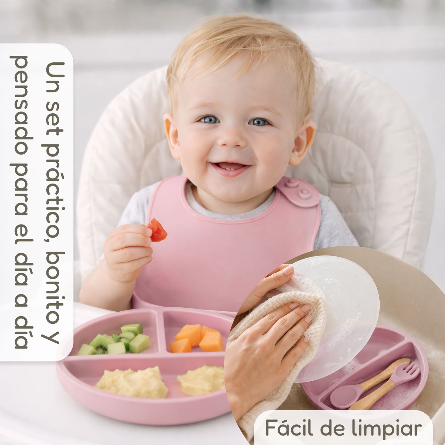 Almar Baby Set de Alimentación para Bebé de Silicona – Vajilla Infantil Antideslizante con Plato, Bol, Vaso, Babero y Cubiertos, Set BLW para Bebés, Libre de BPA