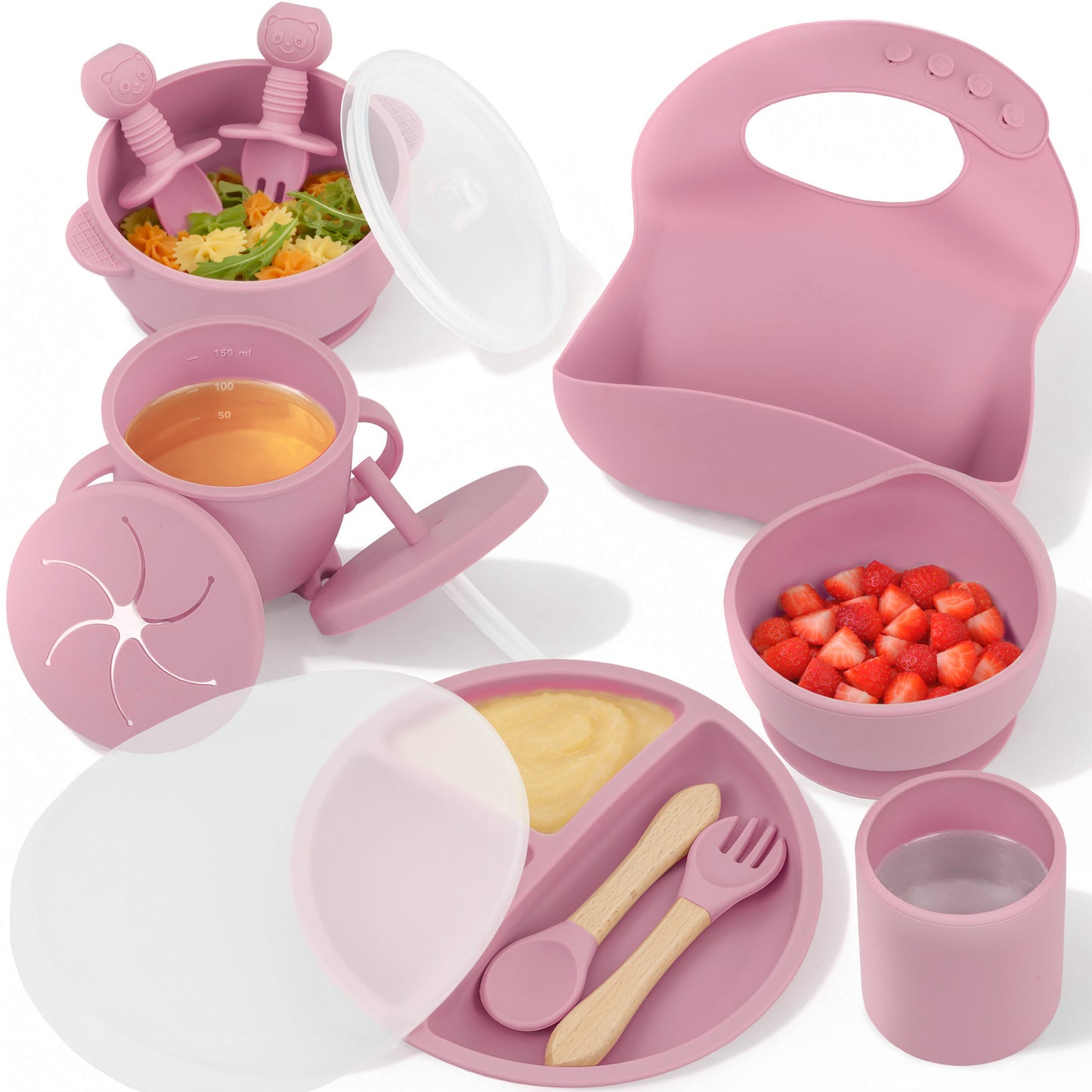 Almar Baby Set de Alimentación para Bebé de Silicona – Vajilla Infantil Antideslizante con Plato, Bol, Vaso, Babero y Cubiertos, Set BLW para Bebés, Libre de BPA