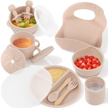 Almar Baby Set de Alimentación para Bebé de Silicona – Vajilla Infantil Antideslizante con Plato, Bol, Vaso, Babero y Cubiertos, Set BLW para Bebés, Libre de BPA