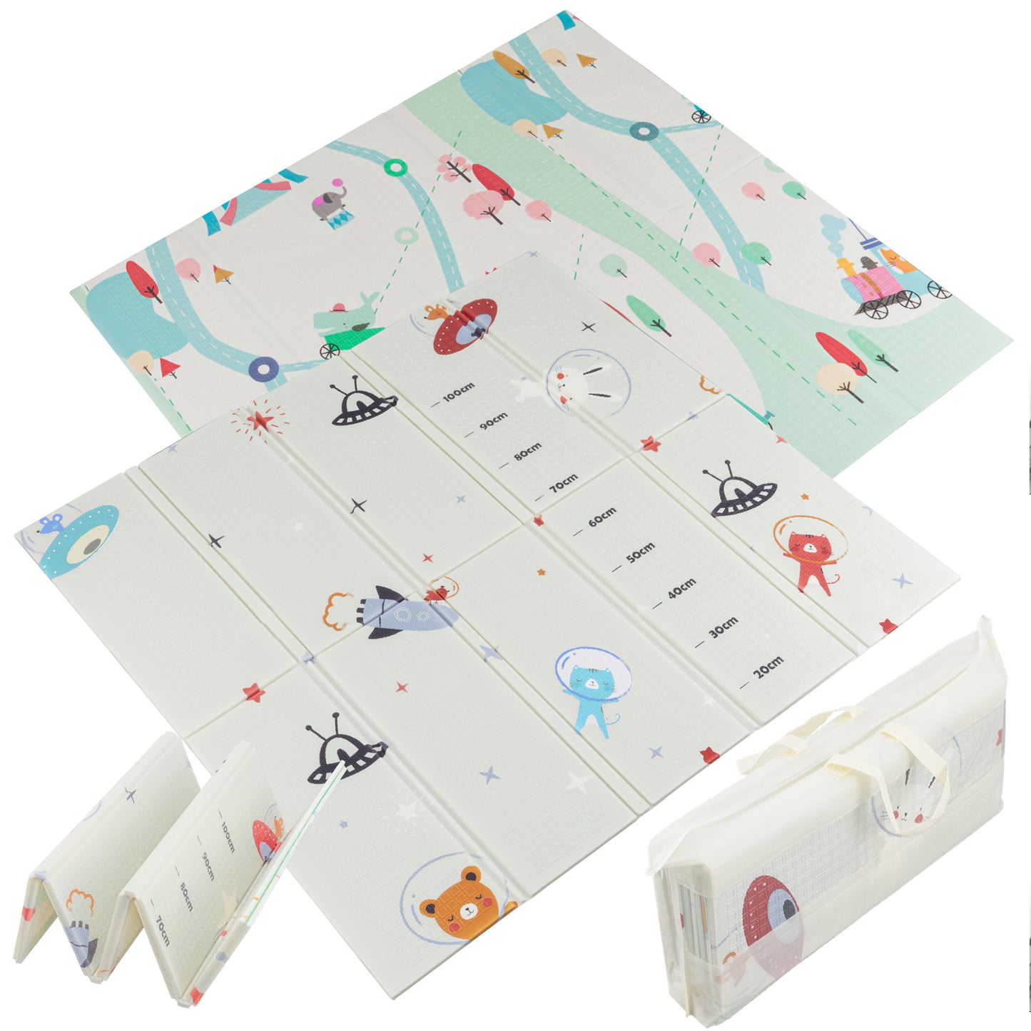 Alfombra para Bebe Acolchada Plegable 1cm de Grosor Reversible Tapete de Actividades y Gateo para Bebes Recién Nacido y Niño Espuma Alta Densidad Tren Circo Astronautas