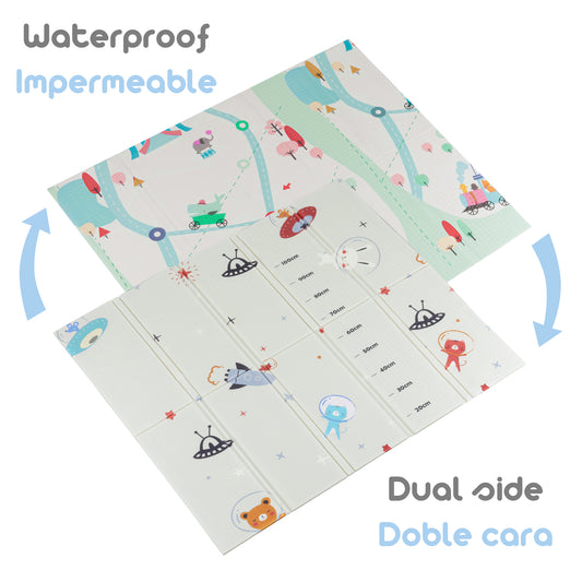 Alfombra para Bebe Acolchada Plegable 1cm de Grosor Reversible Tapete de Actividades y Gateo para Bebes Recién Nacido y Niño Espuma Alta Densidad Tren Circo Astronautas