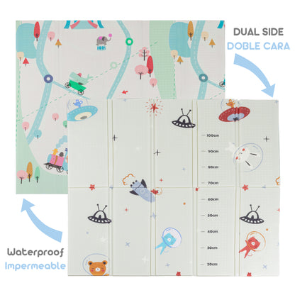 Alfombra para Bebe Acolchada Plegable 1cm de Grosor Reversible Tapete de Actividades y Gateo para Bebes Recién Nacido y Niño Espuma Alta Densidad Tren Circo Astronautas