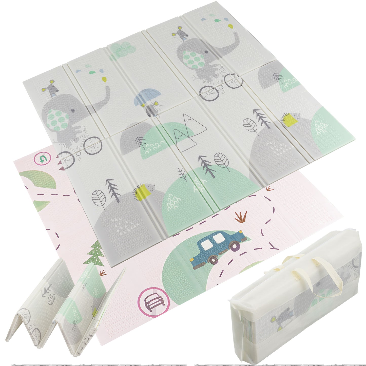 Alfombra para Bebe Acolchada Plegable 1cm de Grosor Reversible Tapete de Actividades y Gateo para Bebes Recién Nacido y Niño Espuma Alta Densidad Bosque Elefante Ciclista