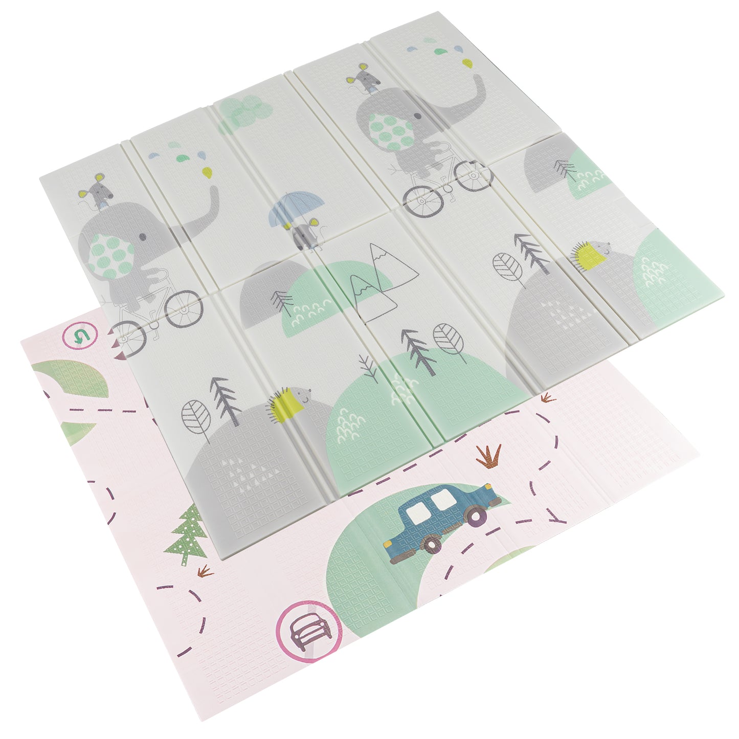 Alfombra para Bebe Acolchada Plegable 1cm de Grosor Reversible Tapete de Actividades y Gateo para Bebes Recién Nacido y Niño Espuma Alta Densidad Bosque Elefante Ciclista