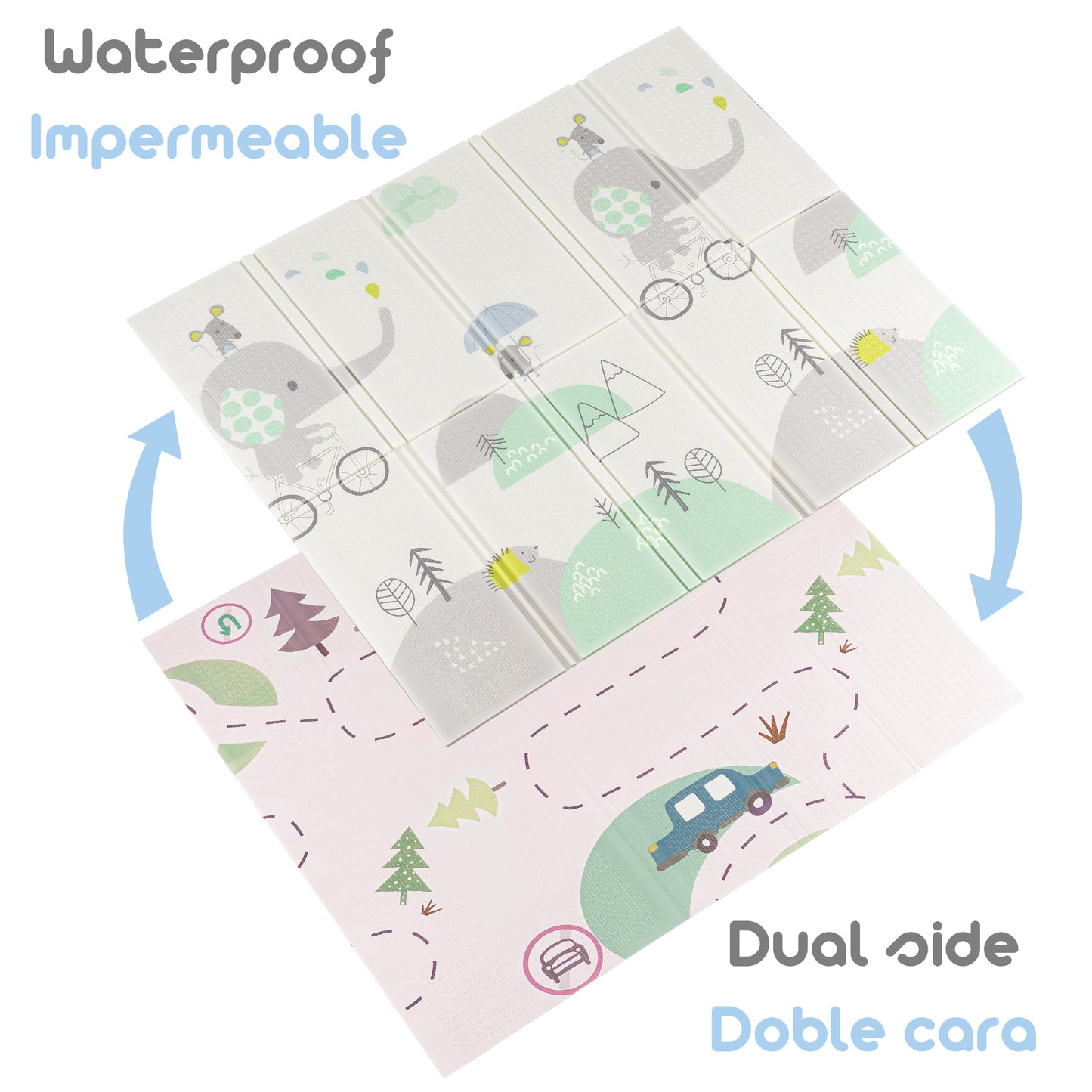 Alfombra para Bebe Acolchada Plegable 1cm de Grosor Reversible Tapete de Actividades y Gateo para Bebes Recién Nacido y Niño Espuma Alta Densidad Bosque Elefante Ciclista