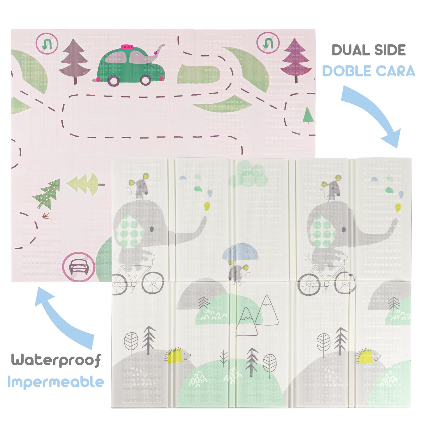 Alfombra para Bebe Acolchada Plegable 1cm de Grosor Reversible Tapete de Actividades y Gateo para Bebes Recién Nacido y Niño Espuma Alta Densidad Bosque Elefante Ciclista