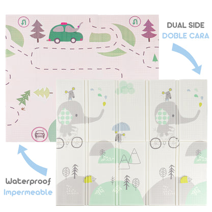 Alfombra para Bebe Acolchada Plegable 1cm de Grosor Reversible Tapete de Actividades y Gateo para Bebes Recién Nacido y Niño Espuma Alta Densidad Bosque Elefante Ciclista