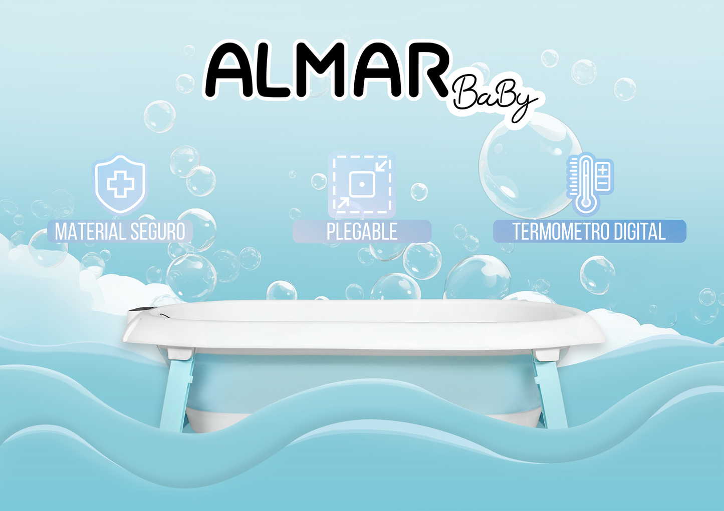 ALMAR Baby Bañera plegable bebé con termómetro cojín reductor para recién nacido con patas antideslizante indicador de temperatura compacta (Azul y Rosa)