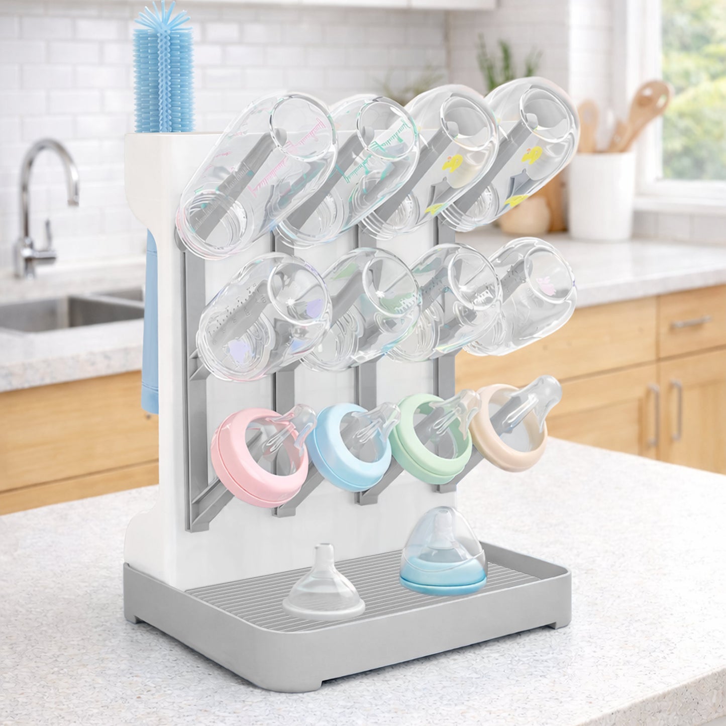 Almar Baby Escurridor de Biberones Plegable Gris y Blanco – Soporte Portátil para Botellas y Accesorios de Bebé, Ideal para Viajes y Salidas, Compacto con Bandeja Antigoteo
